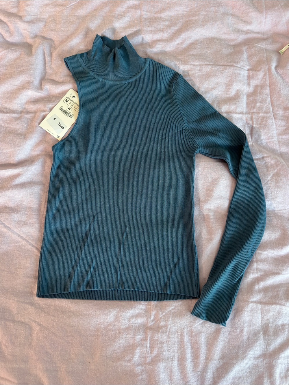 Zara - Dark Teal Blue Ribbed One-Shoulder Top - M
